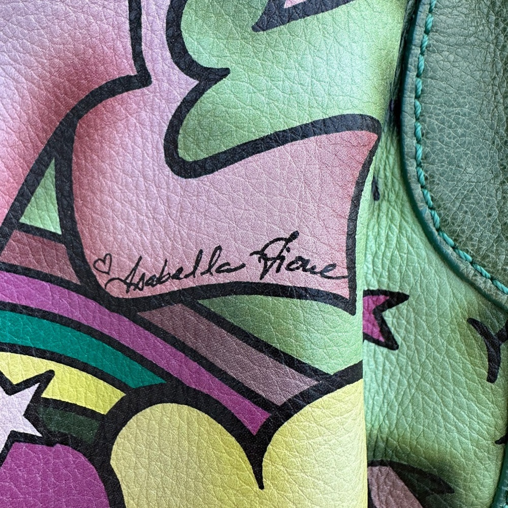 SOLD! Isabella Fiore Love Dove Tattoo Bag Green Leather Hand Painted Signed SOLD - Picture 3 of 14